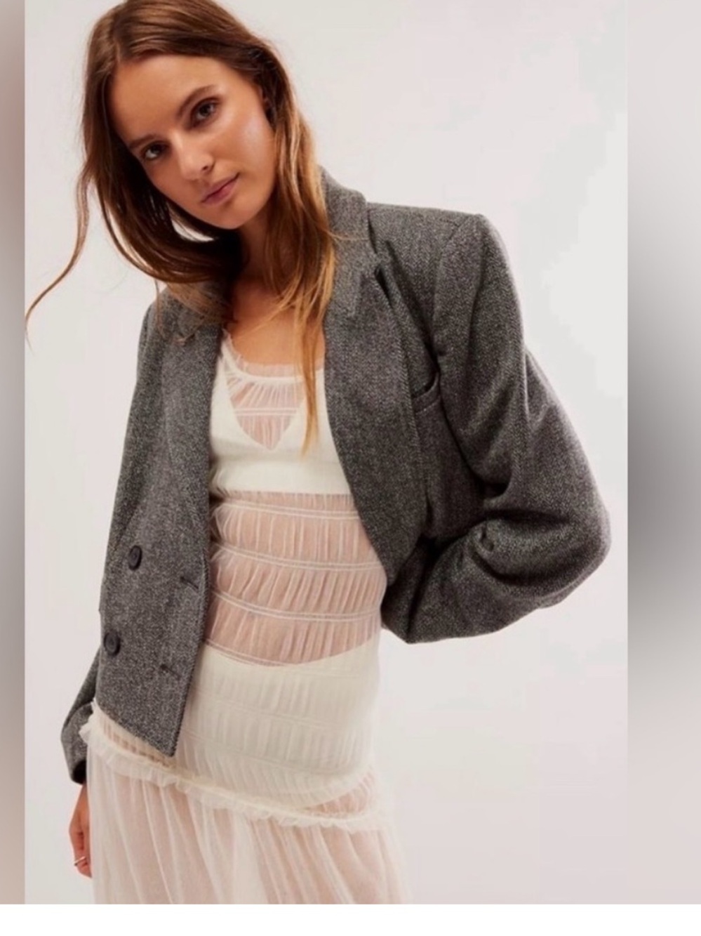 Free People Heather Gray Cropped Tailored Blazer